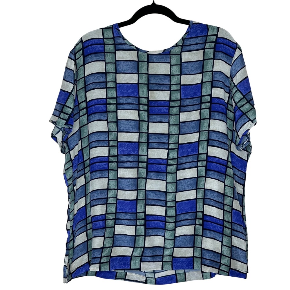 Dress Barn VTG Women's XL Top‎ Blouse 100% Silk Geometric Short Sleeve Retro